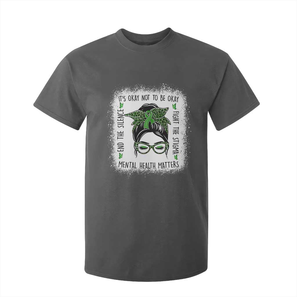 Mental Health Matters T Shirt For Kid Messy Bun Green Ribbon Support TS14 Dark Heather Print Your Wear
