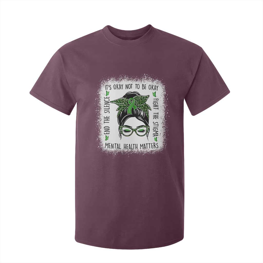 Mental Health Matters T Shirt For Kid Messy Bun Green Ribbon Support TS14 Maroon Print Your Wear