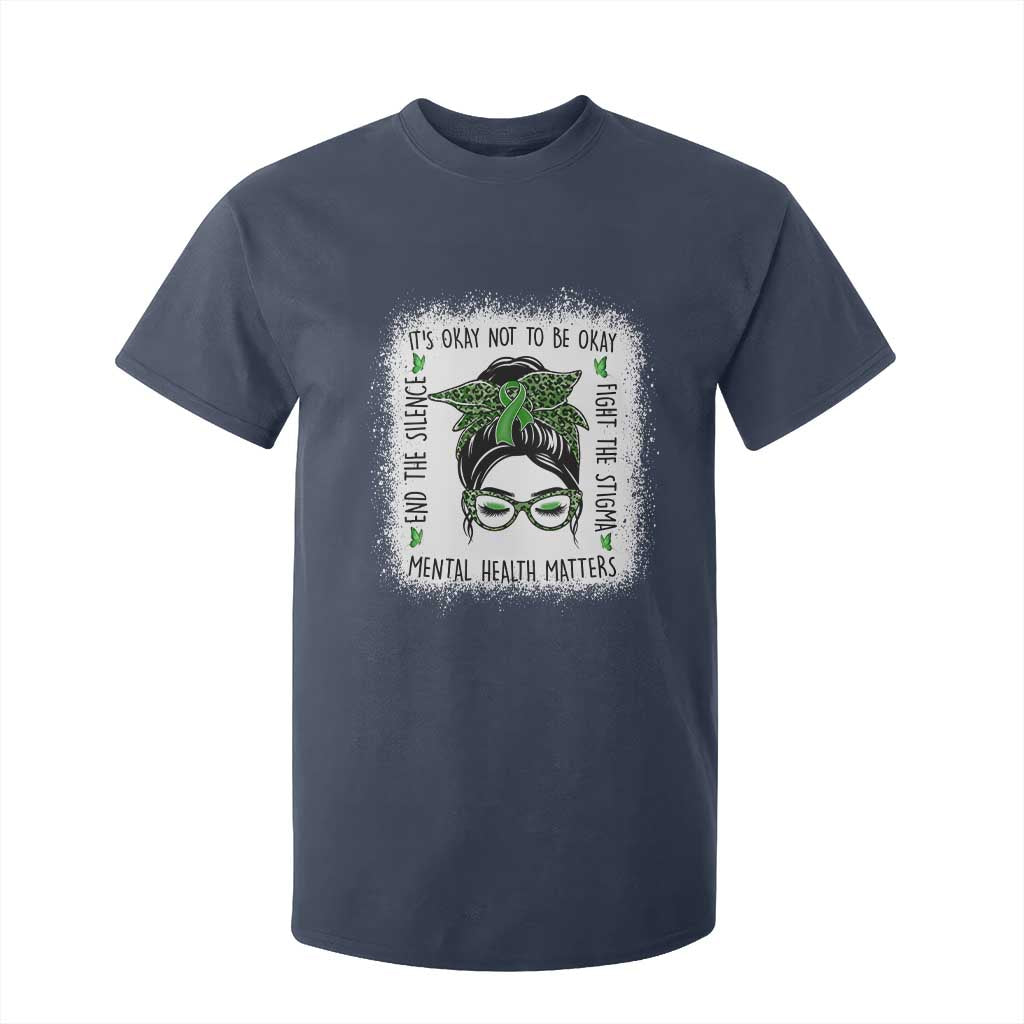 Mental Health Matters T Shirt For Kid Messy Bun Green Ribbon Support TS14 Navy Print Your Wear