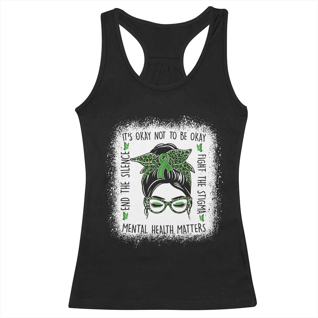 Mental Health Matters Racerback Tank Top Messy Bun Green Ribbon Support TS14 Black Print Your Wear