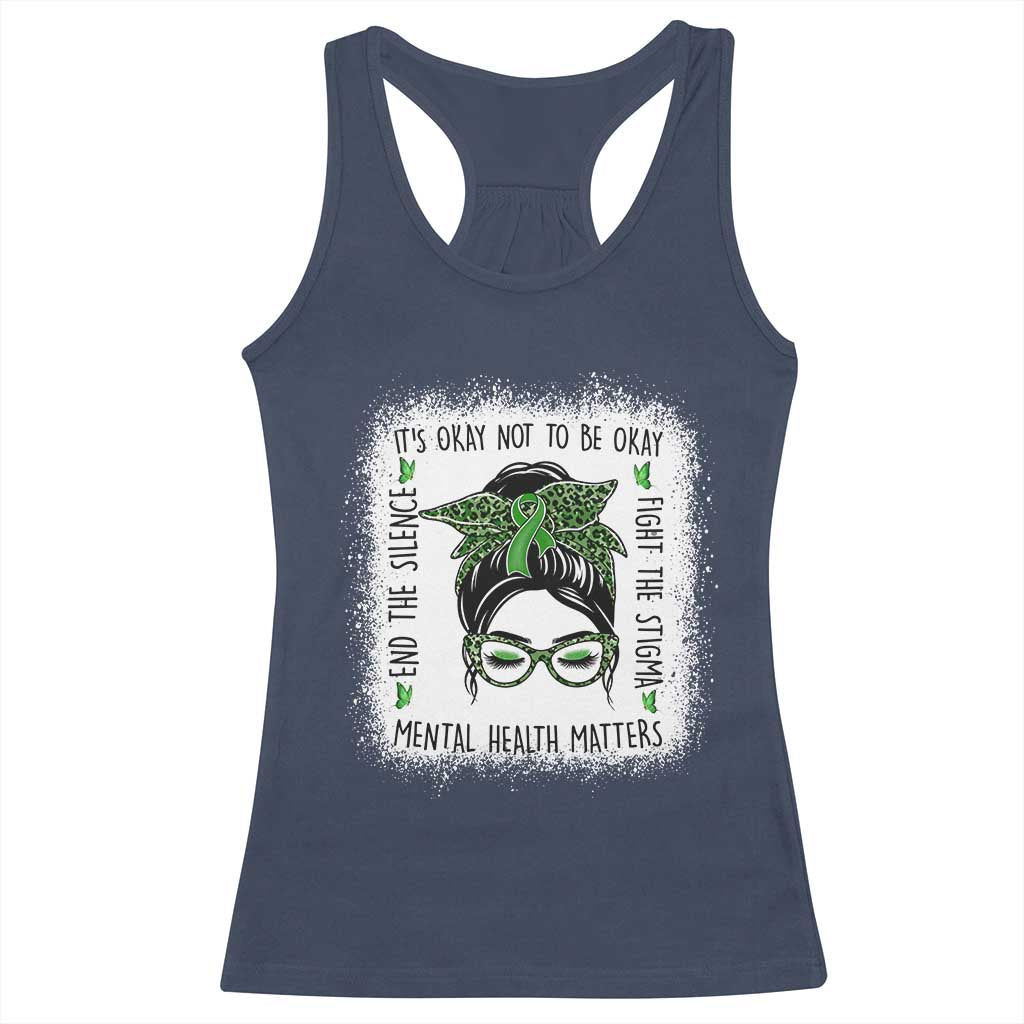 Mental Health Matters Racerback Tank Top Messy Bun Green Ribbon Support TS14 Navy Print Your Wear