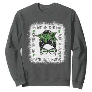Mental Health Matters Sweatshirt Messy Bun Green Ribbon Support TS14 Dark Heather Print Your Wear