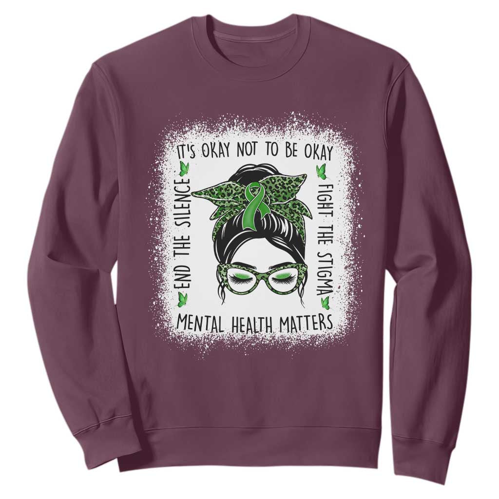 Mental Health Matters Sweatshirt Messy Bun Green Ribbon Support TS14 Maroon Print Your Wear