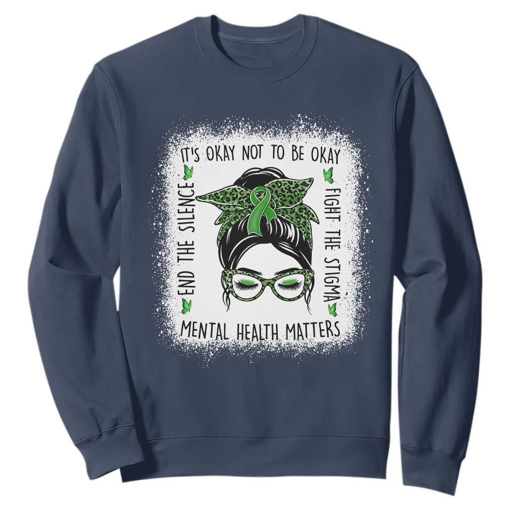 Mental Health Matters Sweatshirt Messy Bun Green Ribbon Support TS14 Navy Print Your Wear