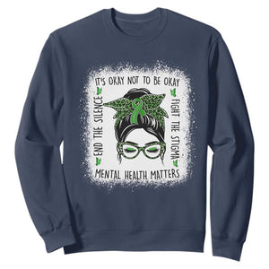 Mental Health Matters Sweatshirt Messy Bun Green Ribbon Support TS14 Navy Print Your Wear