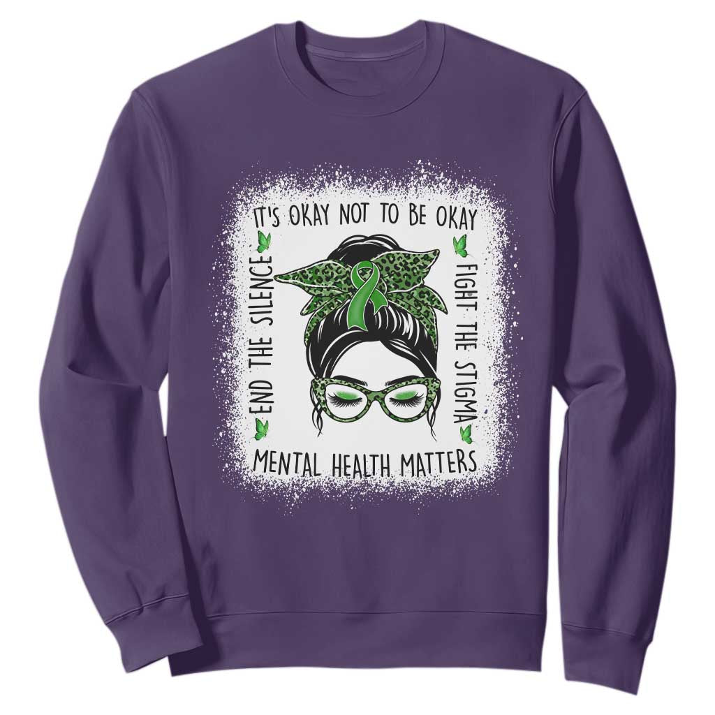 Mental Health Matters Sweatshirt Messy Bun Green Ribbon Support TS14 Purple Print Your Wear