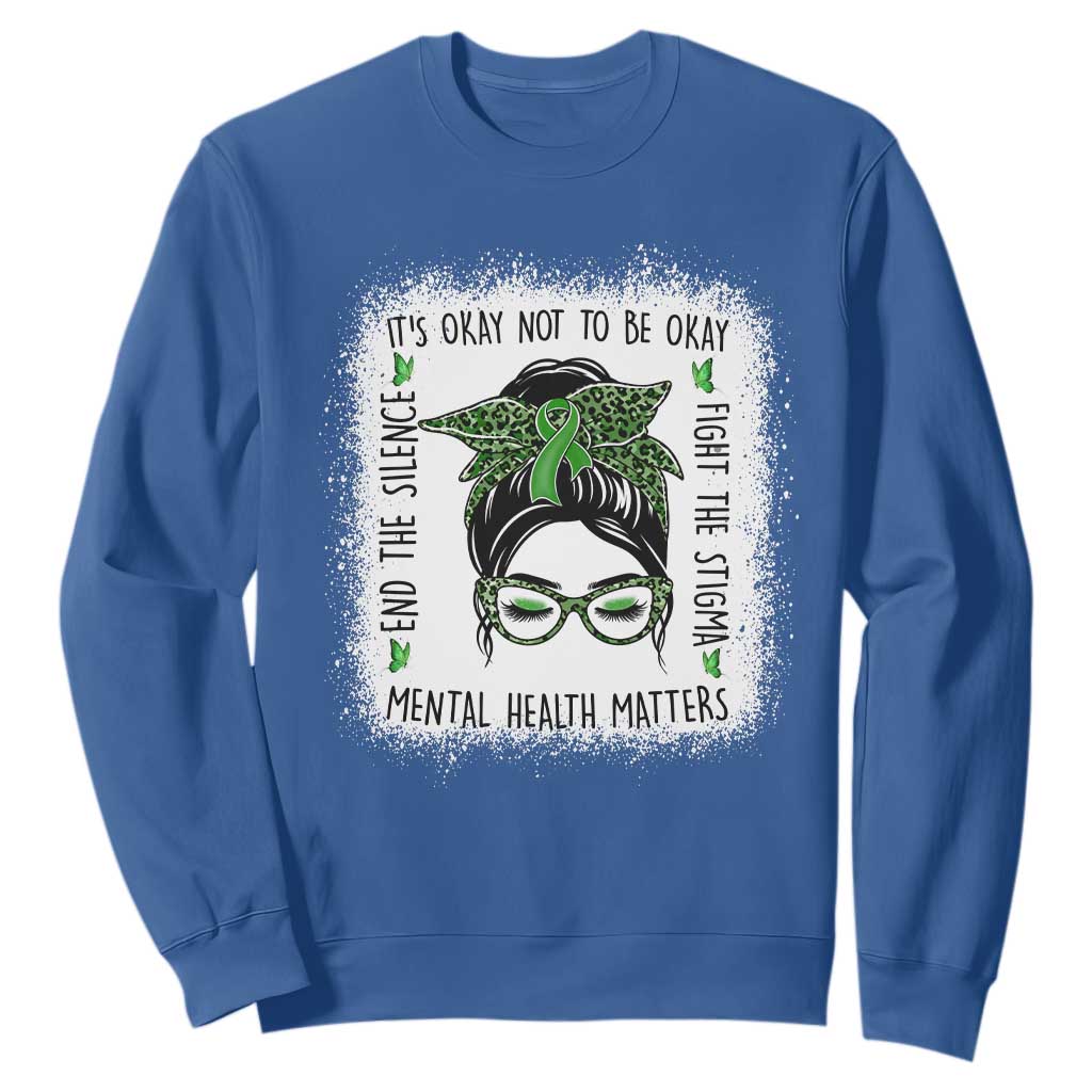 Mental Health Matters Sweatshirt Messy Bun Green Ribbon Support TS14 Royal Blue Print Your Wear