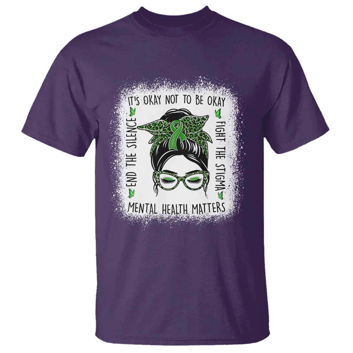 Mental Health Matters T Shirt Messy Bun Green Ribbon Support TS14 Purple Print Your Wear
