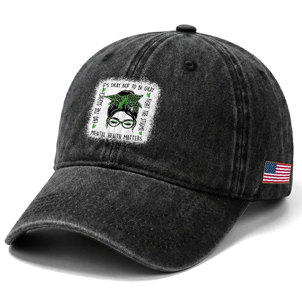 Mental Health Matters Washed Cotton Baseball Cap Messy Bun Green Ribbon Support TS14 Print Your Wear