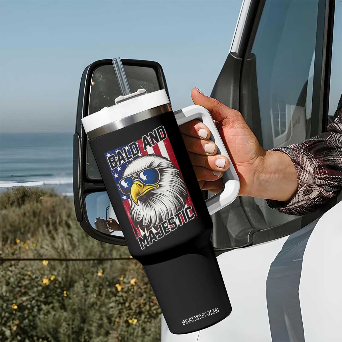 Bald and Majestic Tumbler With Handle Patriotic Bald Eagle 4th Of July TS14 Print Your Wear