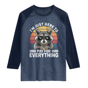 I'm Just Here to Pay for Everything Raglan Shirt Funny Raccoon Dad Granpa Joke TS14 Heather Denim Navy Print Your Wear