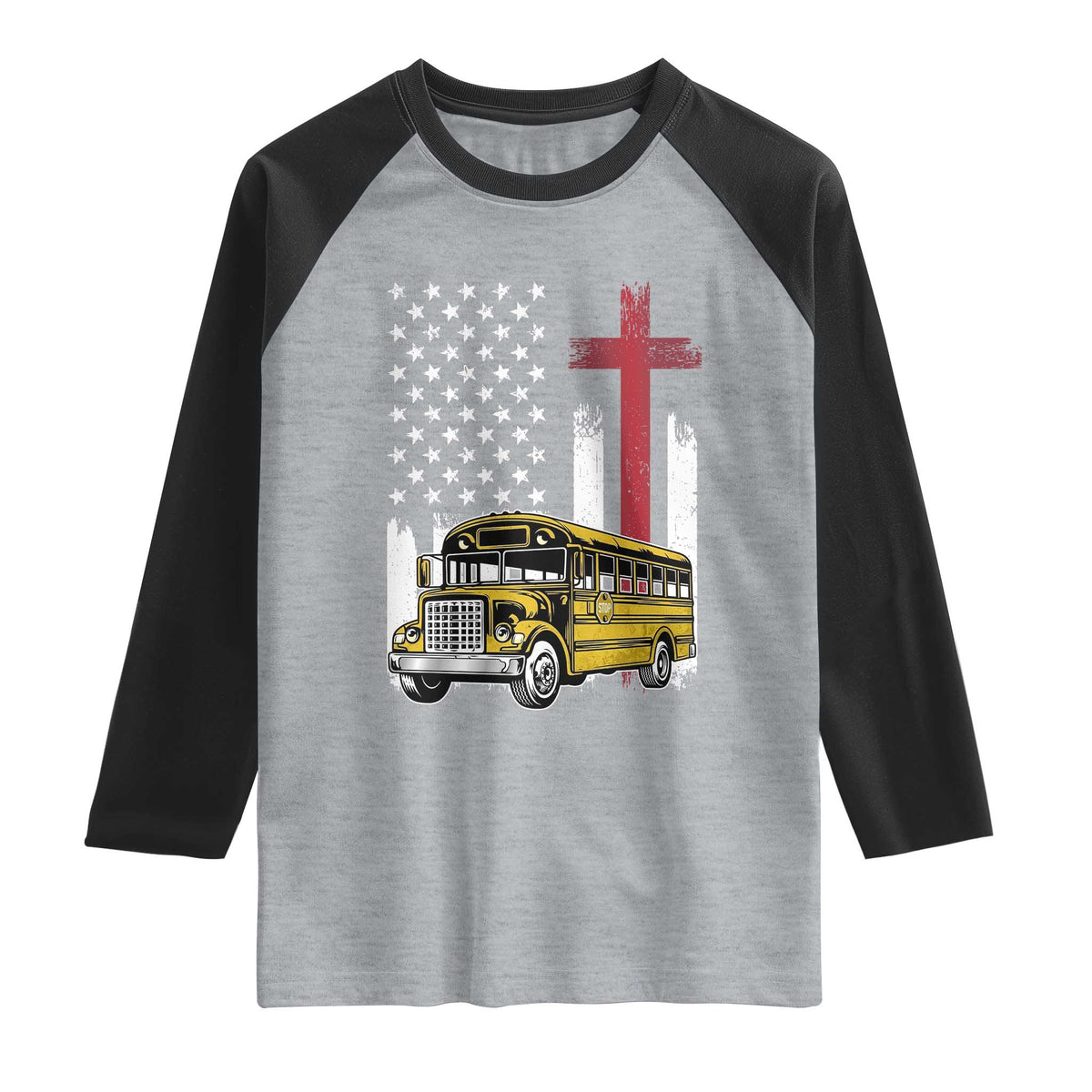 Bus Driver Patriotic Christian USA Flag Raglan Shirt School Bus Driver TS14 Heather Gray Black Print Your Wear