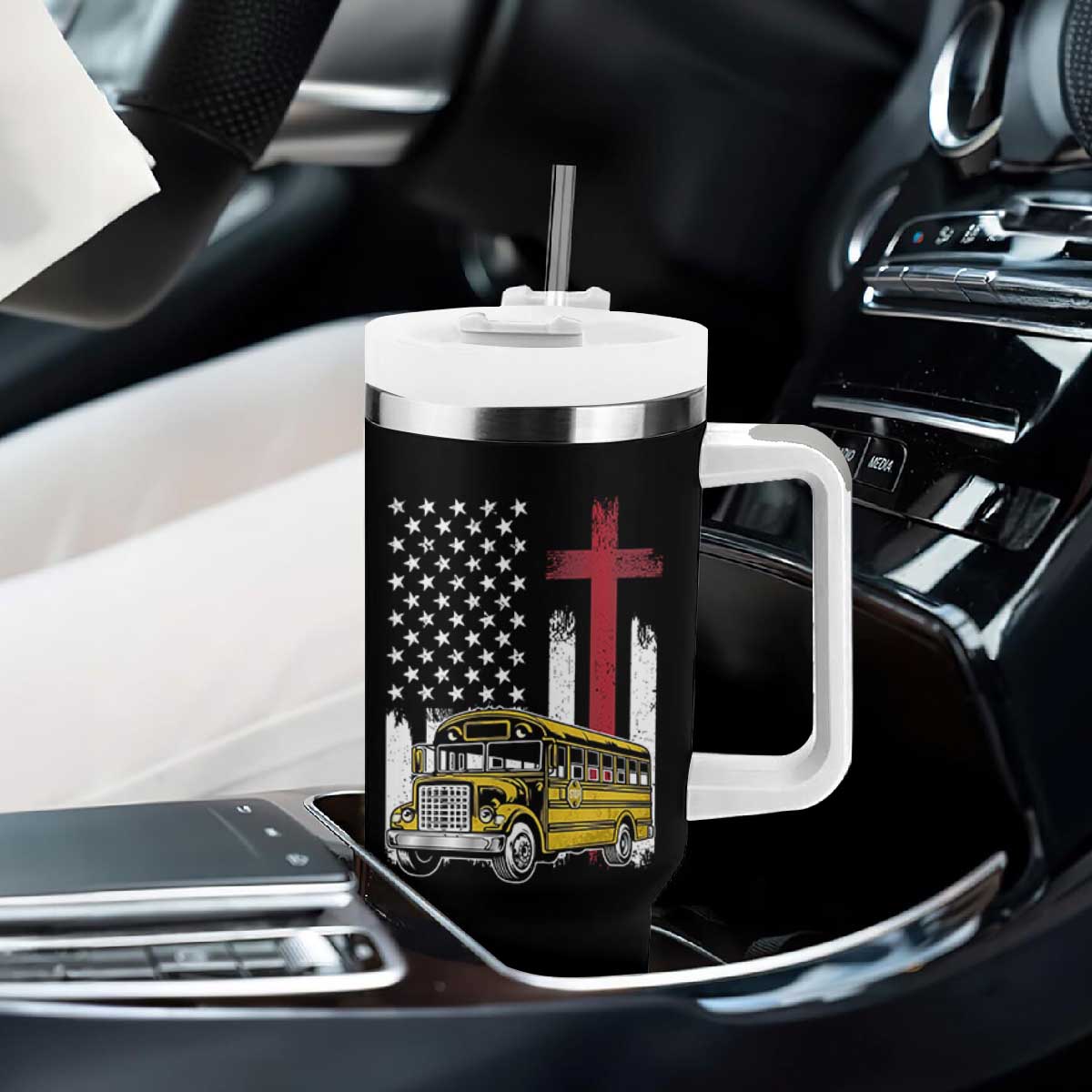 Bus Driver Patriotic Christian USA Flag Tumbler With Handle School Bus Driver TS14 Print Your Wear