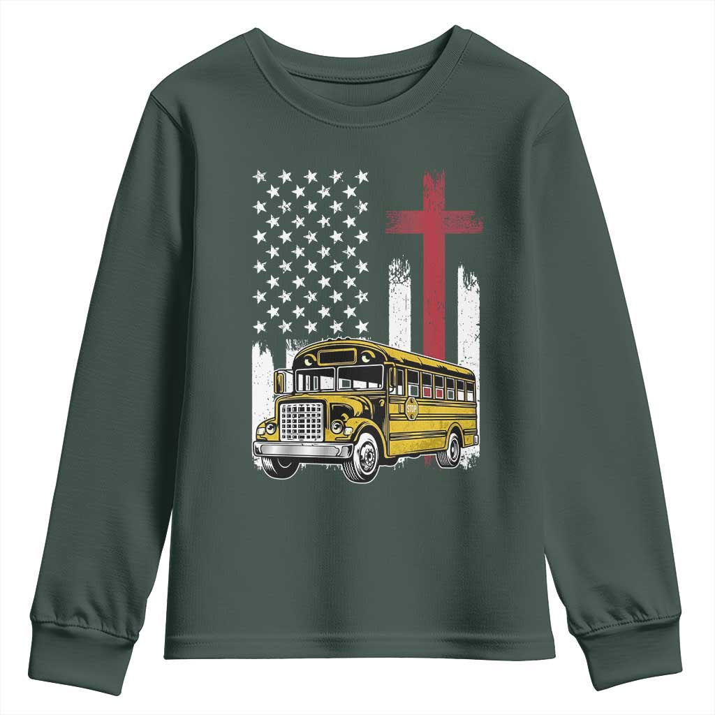Bus Driver Patriotic Christian USA Flag Youth Sweatshirt School Bus Driver TS14 Dark Forest Green Print Your Wear