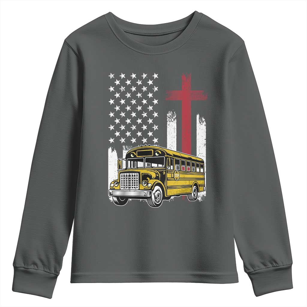 Bus Driver Patriotic Christian USA Flag Youth Sweatshirt School Bus Driver TS14 Dark Heather Print Your Wear