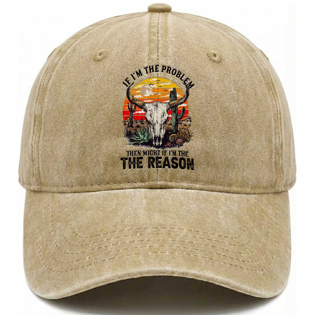 Cow Bull Skull Washed Cotton Baseball Cap If Problem Vintage Then You Might Be Reason TS14 Washed Cap Universal Fit Khaki Print Your Wear