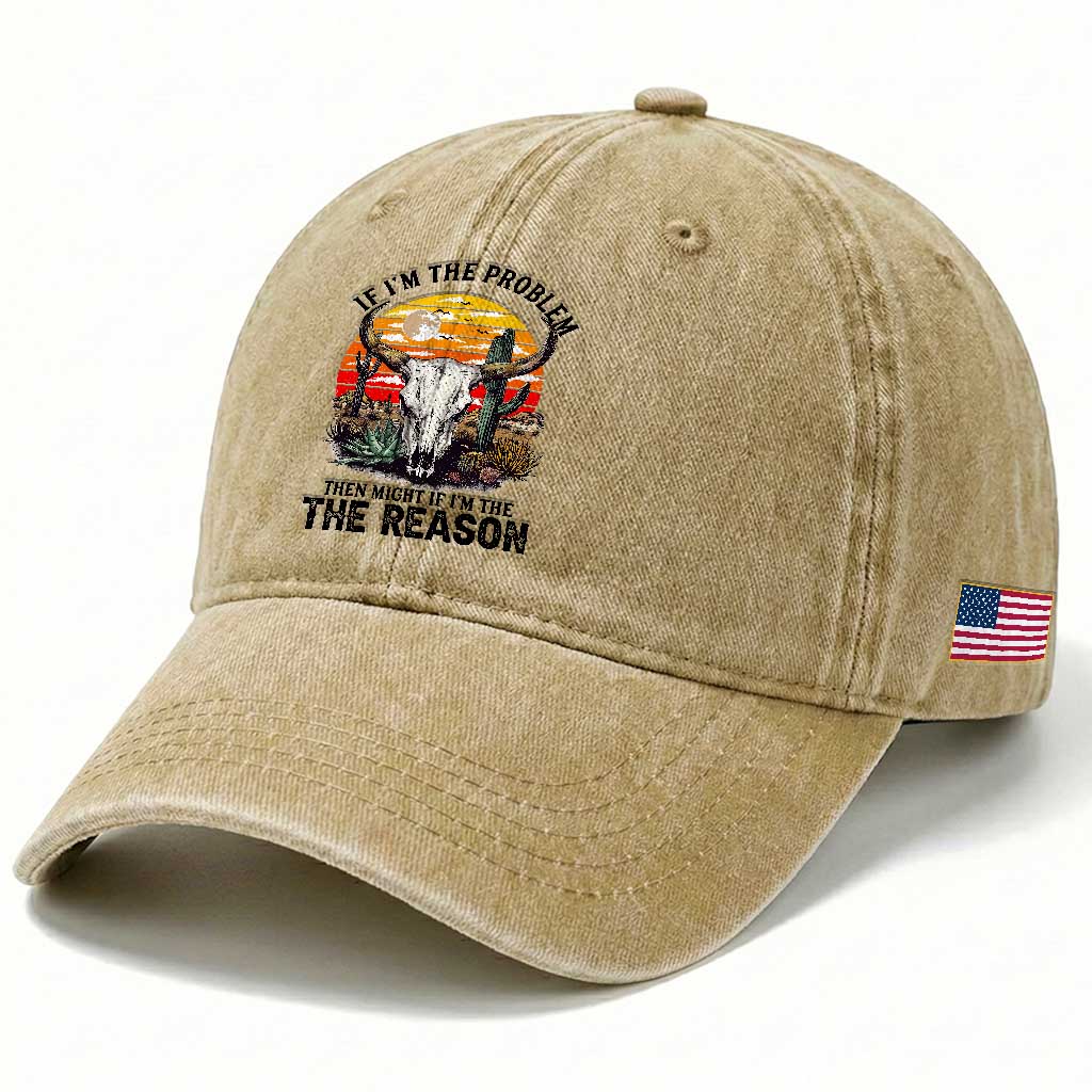 Cow Bull Skull Washed Cotton Baseball Cap If Problem Vintage Then You Might Be Reason TS14 Print Your Wear
