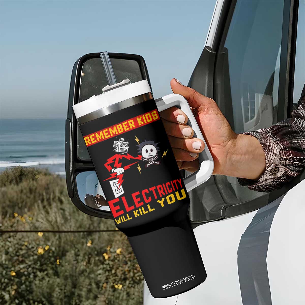 Funny Electrician Tumbler With Handle Remember Kids Electricity Will Kill You TS14 Print Your Wear
