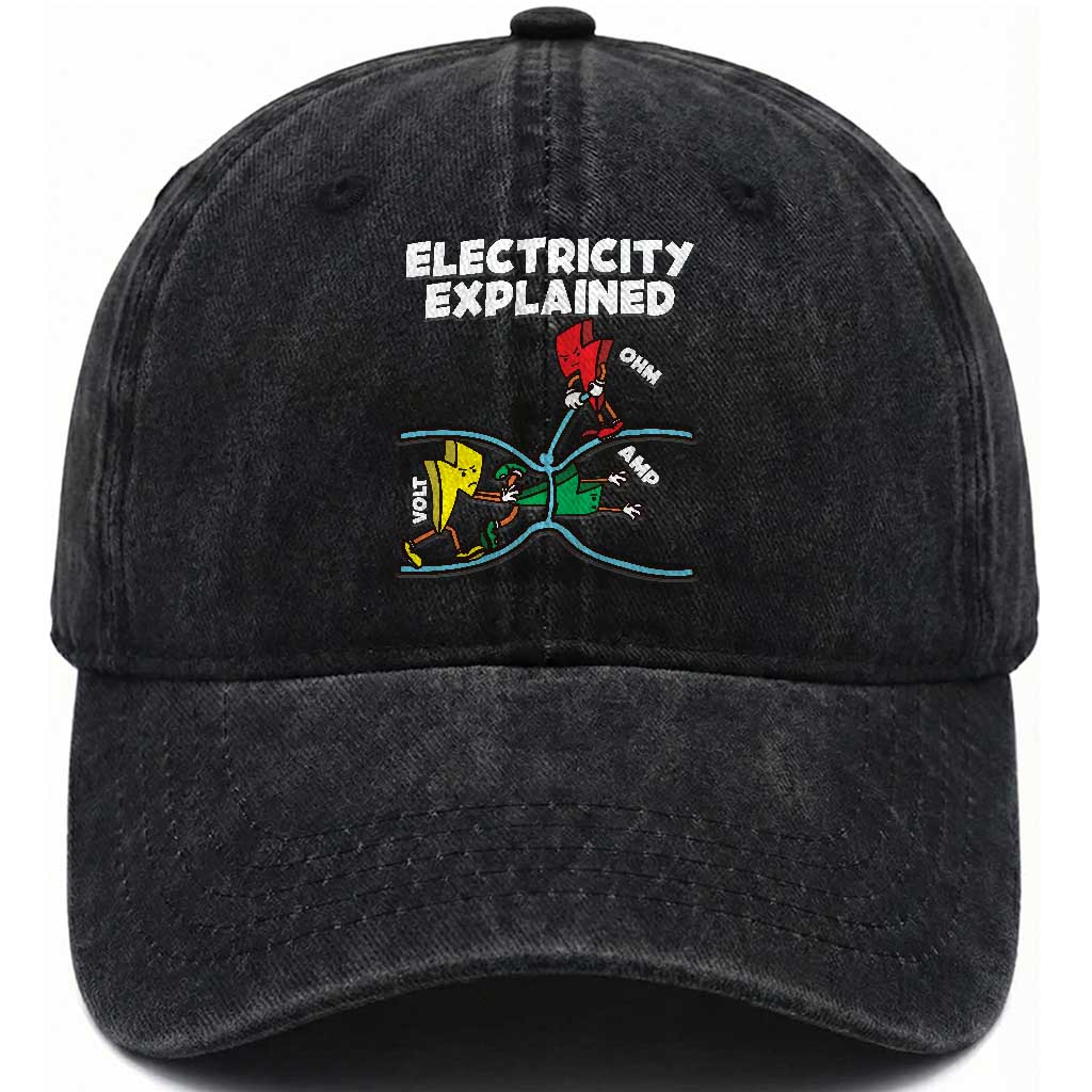 Funny Electricity Washed Cotton Baseball Cap Ohm's Law Electricity Explained TS14 Washed Cap Universal Fit Black Print Your Wear