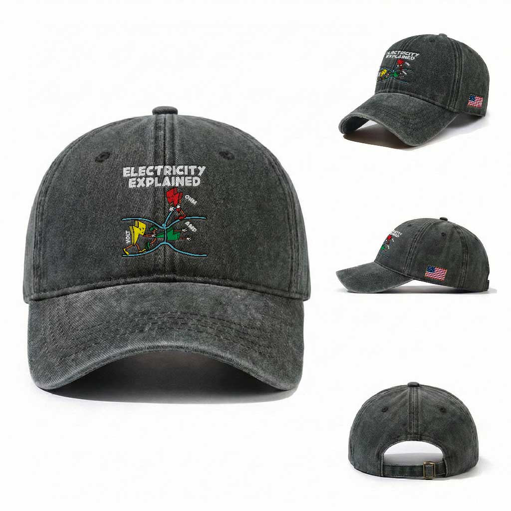 Funny Electricity Washed Cotton Baseball Cap Ohm's Law Electricity Explained TS14 Washed Cap Universal Fit Dark Green Print Your Wear