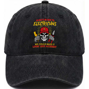 Funny Electrician Skull Washed Cotton Baseball Cap Electrical Engineer Electricity Lineman TS14 Washed Cap Universal Fit Black Print Your Wear