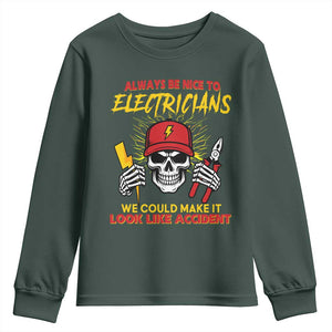 Funny Electrician Skull Youth Sweatshirt Electrical Engineer Electricity Lineman TS14 Dark Forest Green Print Your Wear