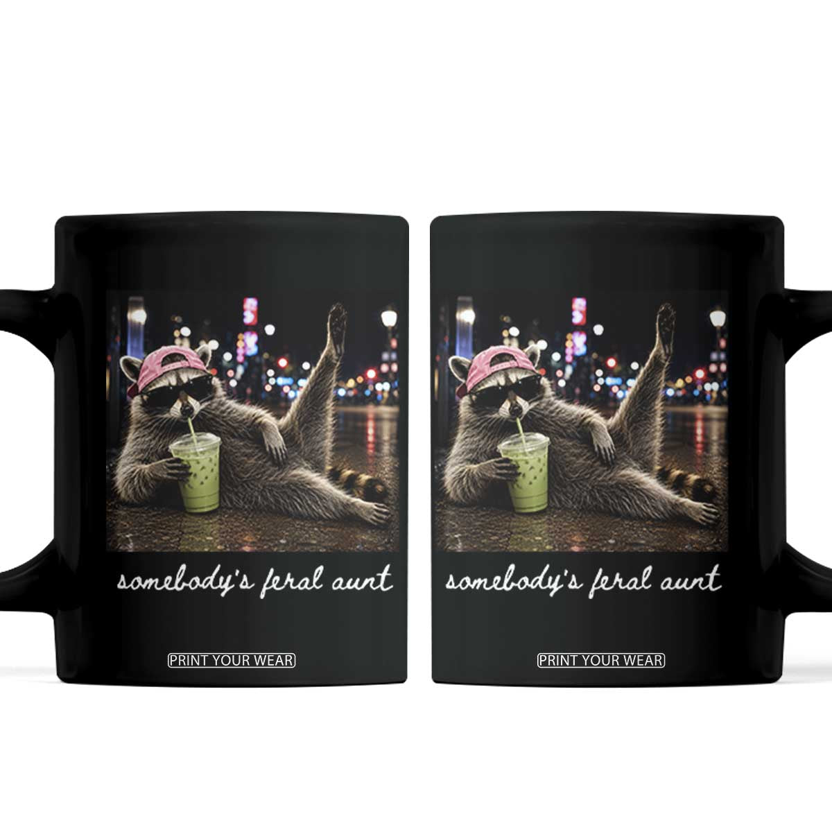 Somebody's Feral Aunt Coffee Mug Raccoon Drinking Iced Matcha Latte Sarcastic Animal Humor TS14 Black Print Your Wear