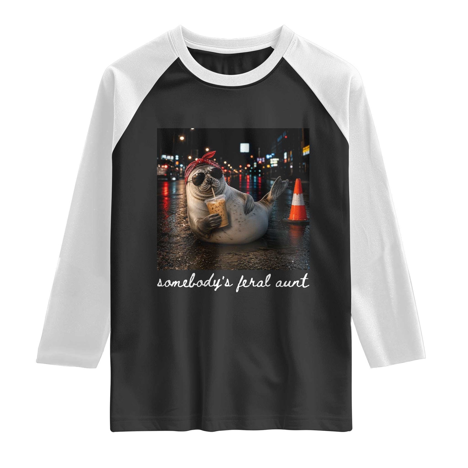 Somebody's Feral Aunt Raglan Shirt Funny Neil The Seal Meme TS14 Black White Print Your Wear