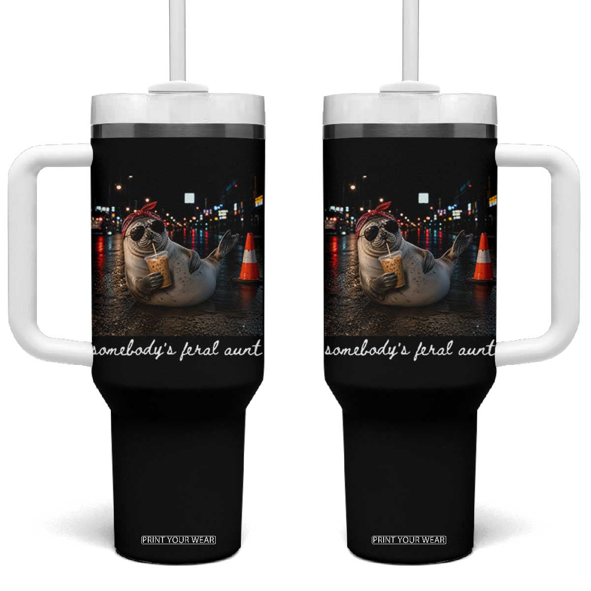 Somebody's Feral Aunt Tumbler With Handle Funny Neil The Seal Meme TS14 One Size: 40 oz Black Print Your Wear