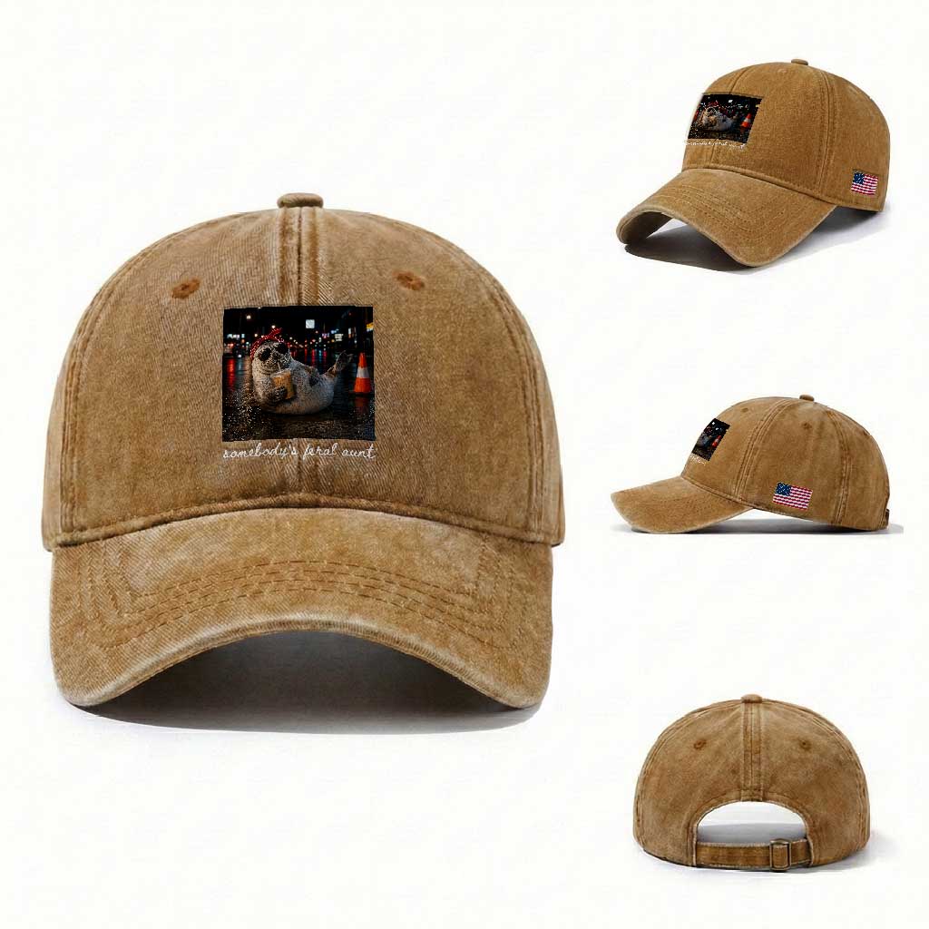 Somebody's Feral Aunt Washed Cotton Baseball Cap Funny Neil The Seal Meme TS14 Washed Cap Universal Fit Yellow Ochre Print Your Wear