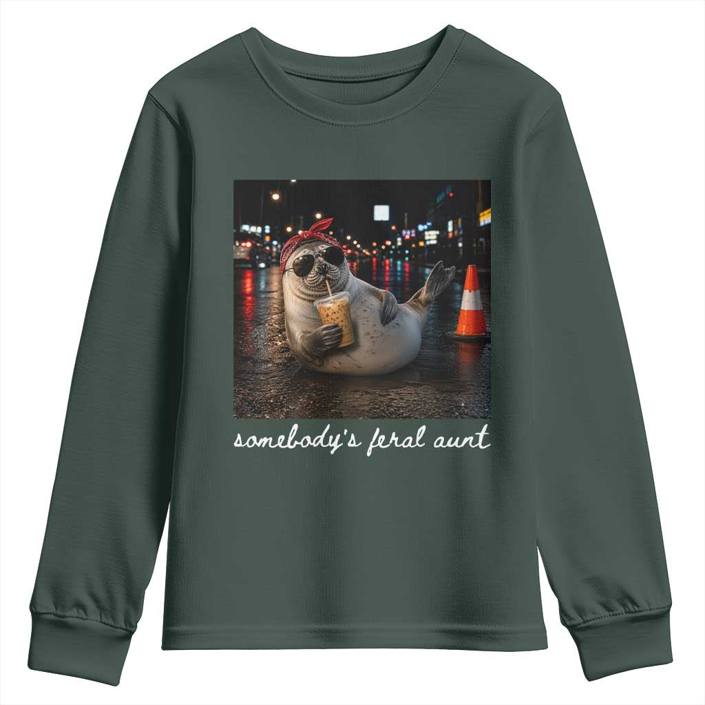 Somebody's Feral Aunt Youth Sweatshirt Funny Neil The Seal Meme TS14 Dark Forest Green Print Your Wear