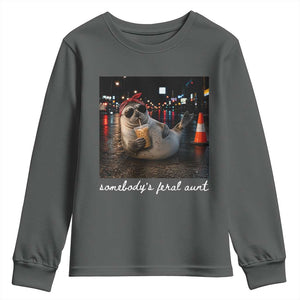 Somebody's Feral Aunt Youth Sweatshirt Funny Neil The Seal Meme TS14 Dark Heather Print Your Wear