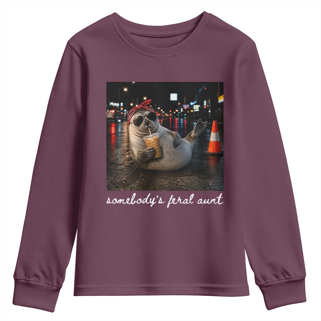 Somebody's Feral Aunt Youth Sweatshirt Funny Neil The Seal Meme TS14 Maroon Print Your Wear