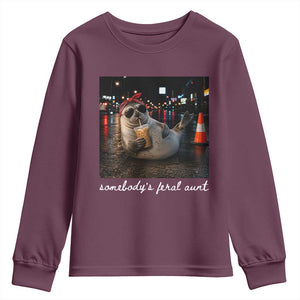 Somebody's Feral Aunt Youth Sweatshirt Funny Neil The Seal Meme TS14 Maroon Print Your Wear