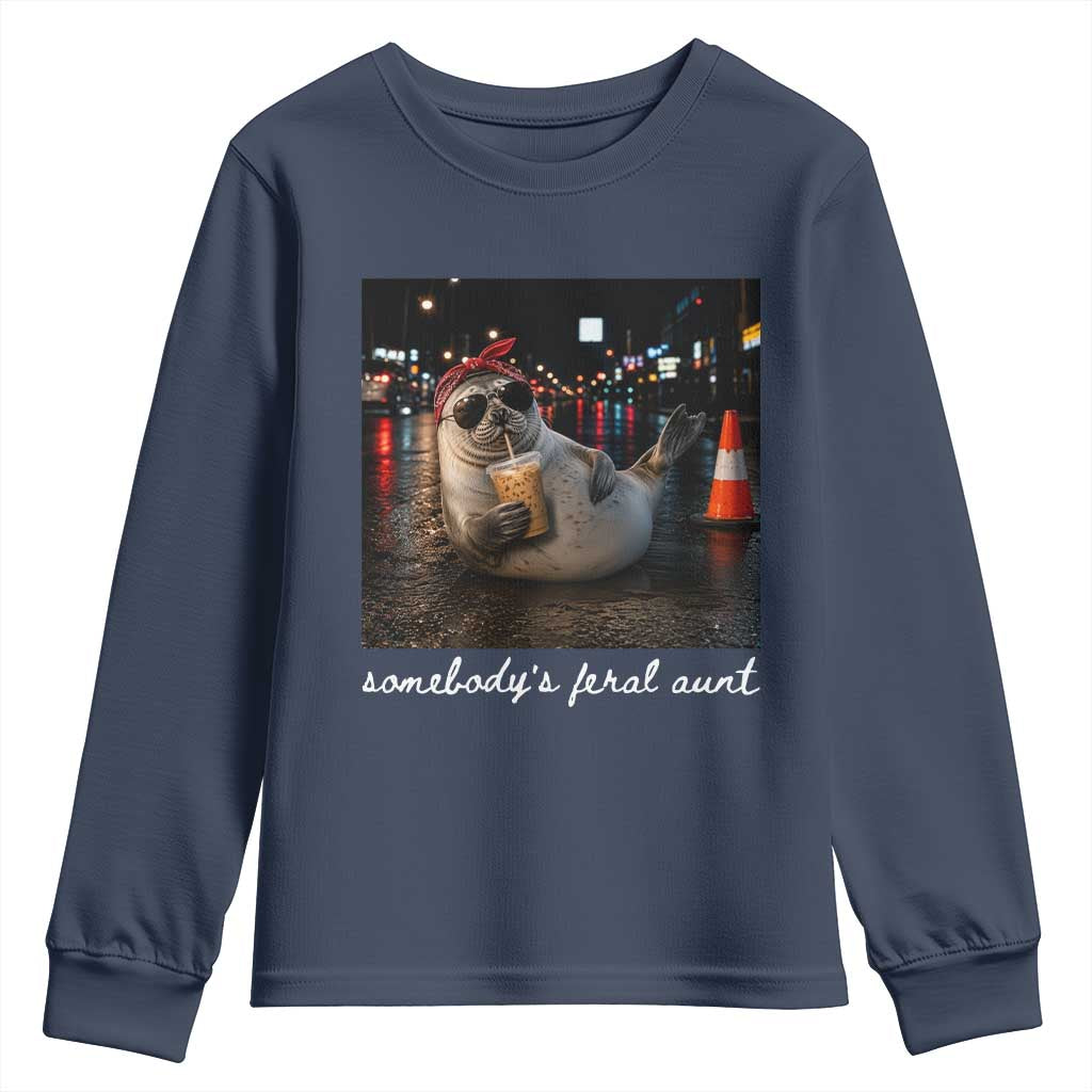 Somebody's Feral Aunt Youth Sweatshirt Funny Neil The Seal Meme TS14 Navy Print Your Wear