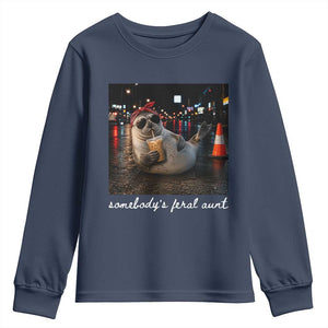 Somebody's Feral Aunt Youth Sweatshirt Funny Neil The Seal Meme TS14 Navy Print Your Wear