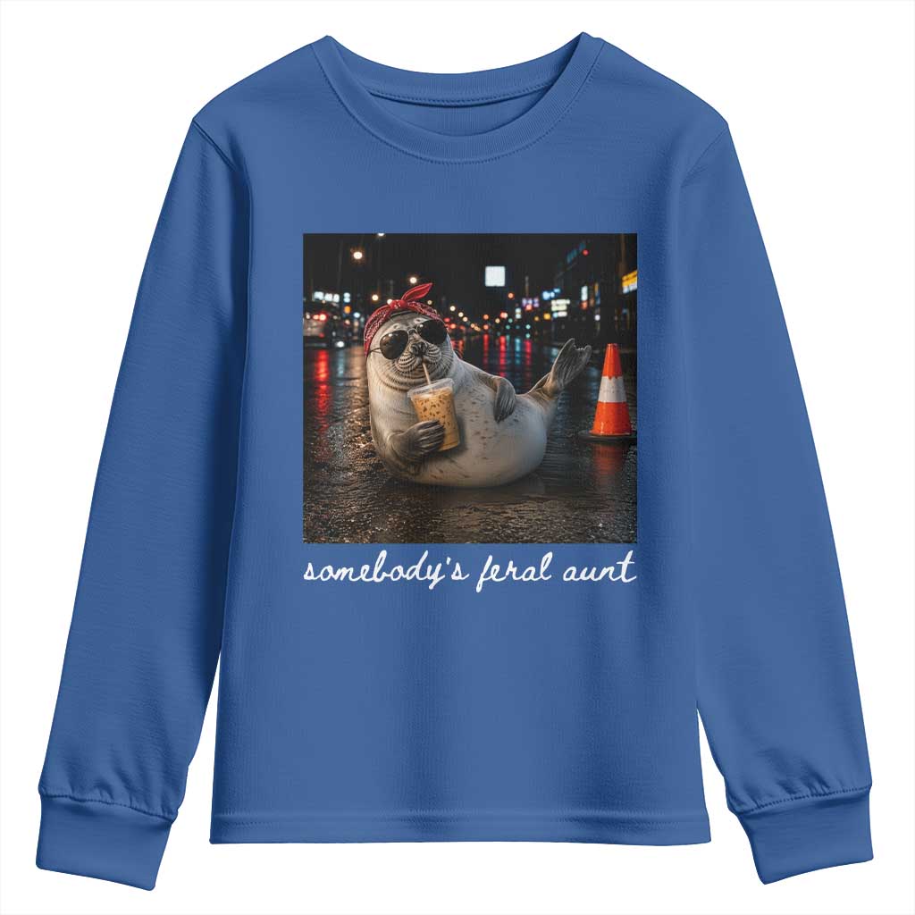 Somebody's Feral Aunt Youth Sweatshirt Funny Neil The Seal Meme TS14 Royal Blue Print Your Wear