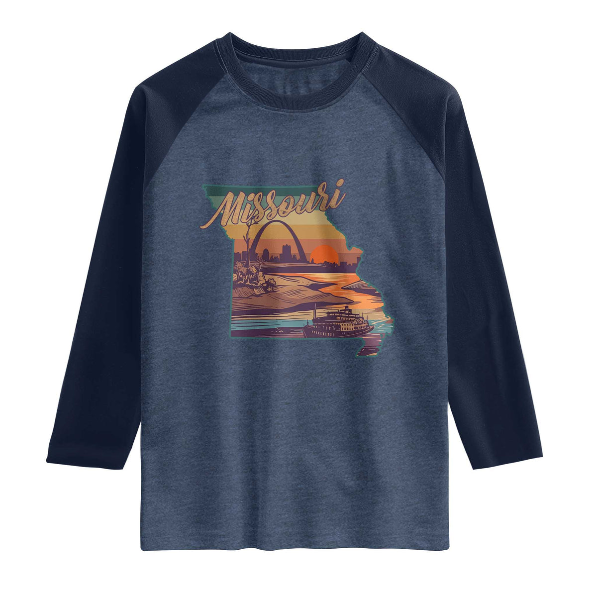 Retro Gateway Arch St Louis Missouri Map Outline Raglan Shirt TS14 Heather Denim Navy Print Your Wear