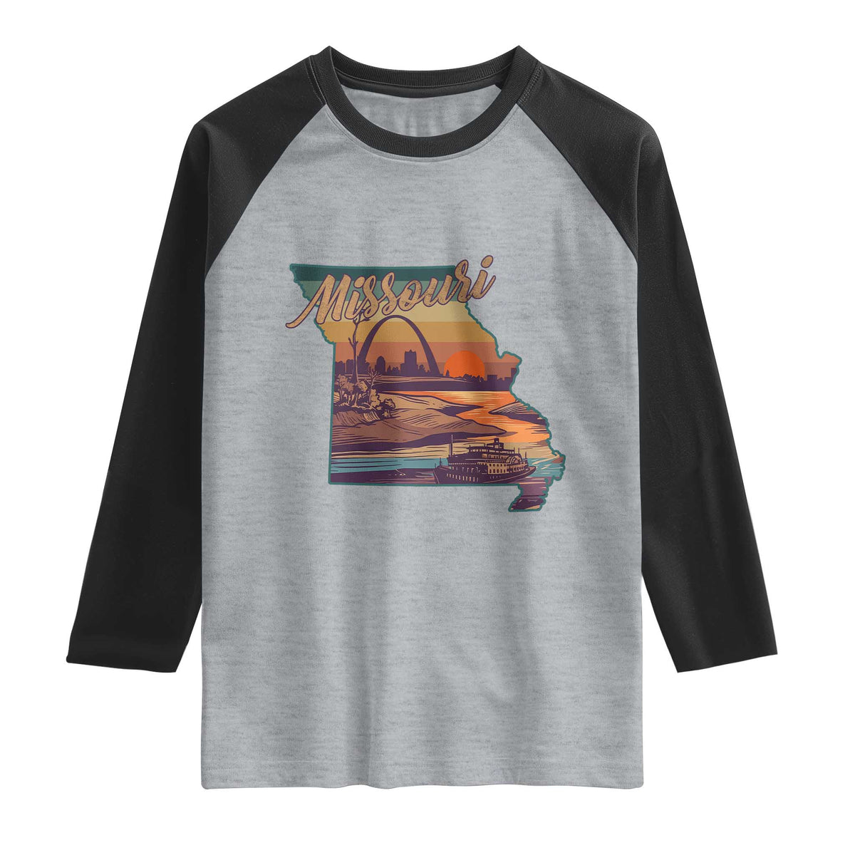 Retro Gateway Arch St Louis Missouri Map Outline Raglan Shirt TS14 Heather Gray Black Print Your Wear