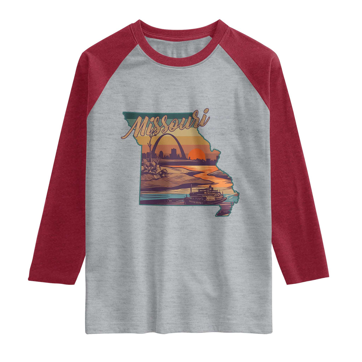 Retro Gateway Arch St Louis Missouri Map Outline Raglan Shirt TS14 Heather Gray Heather Red Print Your Wear