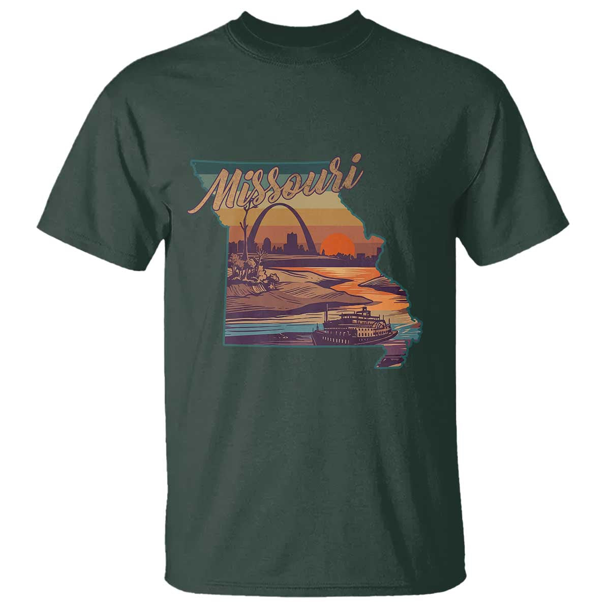 Retro Gateway Arch St Louis Missouri Map Outline T Shirt TS14 Dark Forest Green Print Your Wear