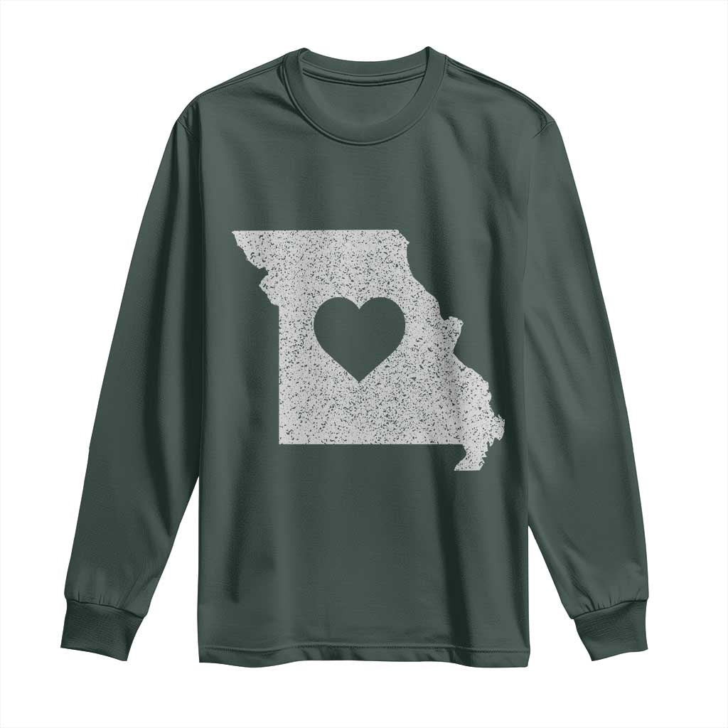 Missouri Home Distressed Missouri State Map with Heart Long Sleeve Shirt TS14 Dark Forest Green Print Your Wear