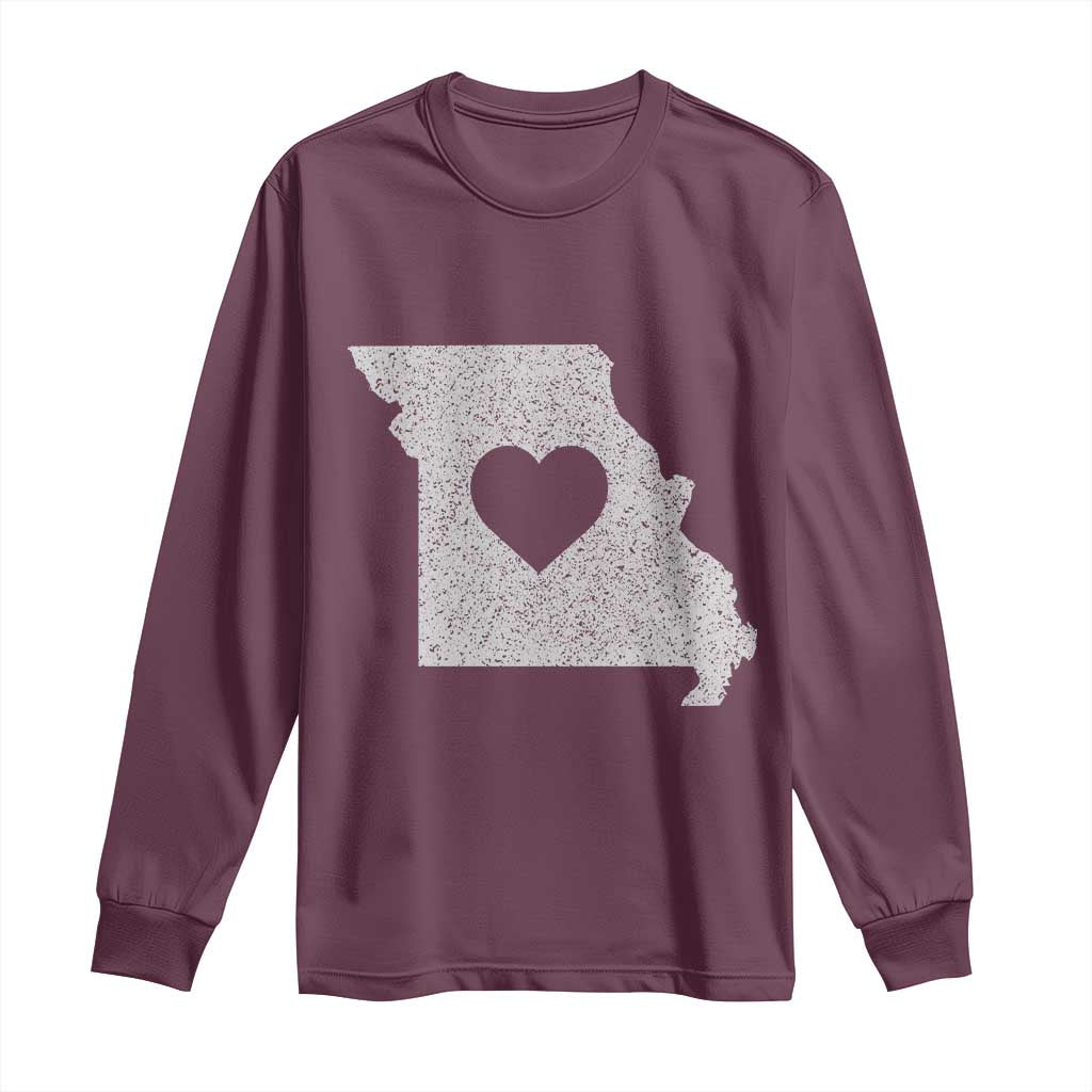 Missouri Home Distressed Missouri State Map with Heart Long Sleeve Shirt TS14 Maroon Print Your Wear