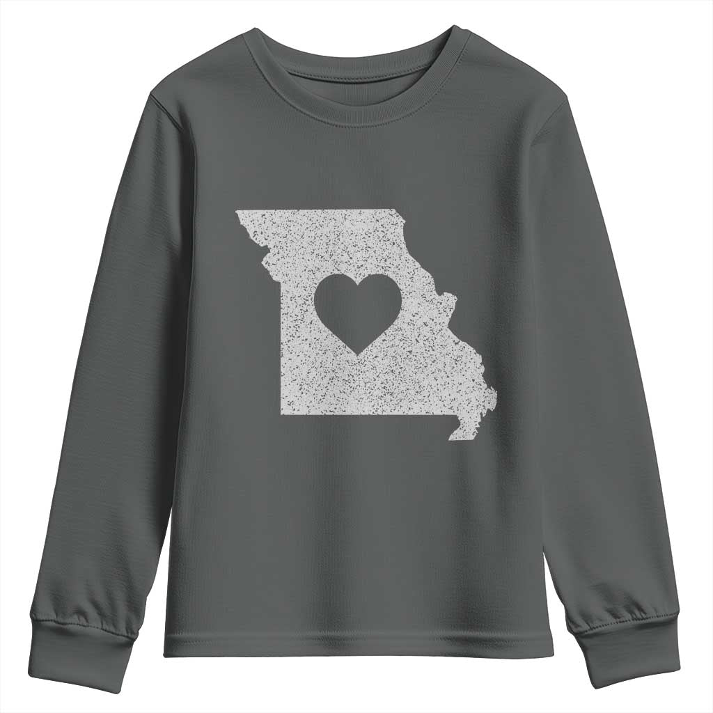 Missouri Home Distressed Missouri State Map with Heart Youth Sweatshirt TS14 Dark Heather Print Your Wear