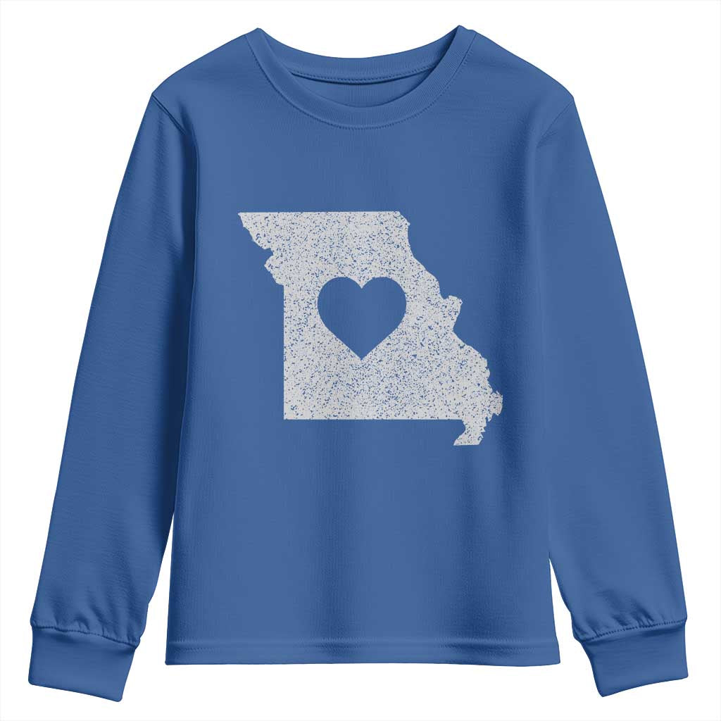 Missouri Home Distressed Missouri State Map with Heart Youth Sweatshirt TS14 Royal Blue Print Your Wear