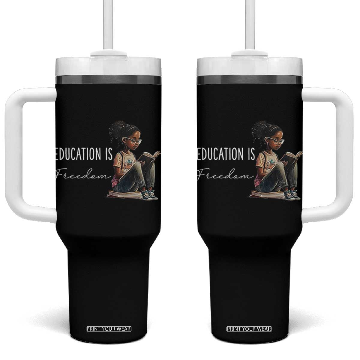 Education Freedom Tumbler With Handle Black Teacher Books TS14 One Size: 40 oz Black Print Your Wear
