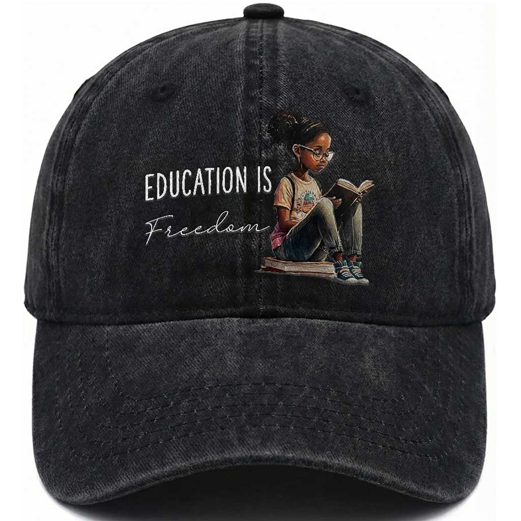 Education Freedom Washed Cotton Baseball Cap Black Teacher Books TS14 Washed Cap Universal Fit Black Print Your Wear