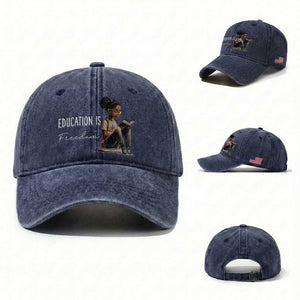 Education Freedom Washed Cotton Baseball Cap Black Teacher Books TS14 Washed Cap Universal Fit Navy Print Your Wear