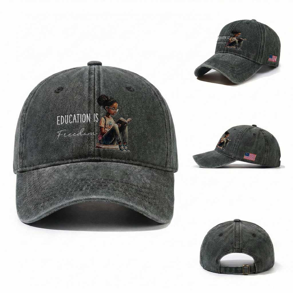 Education Freedom Washed Cotton Baseball Cap Black Teacher Books TS14 Washed Cap Universal Fit Dark Green Print Your Wear