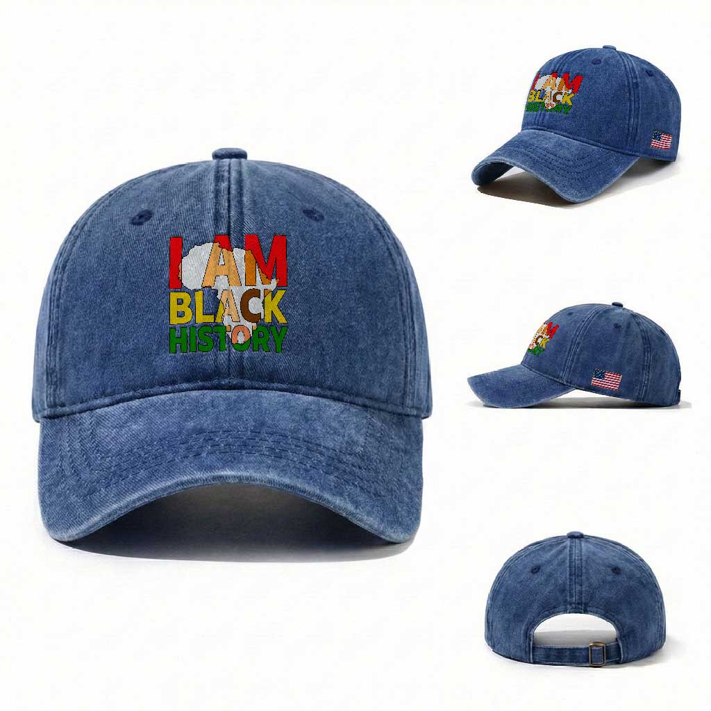Black History Month African American Washed Cotton Baseball Cap I Am Black History TS14 Washed Cap Universal Fit Royal Blue Print Your Wear